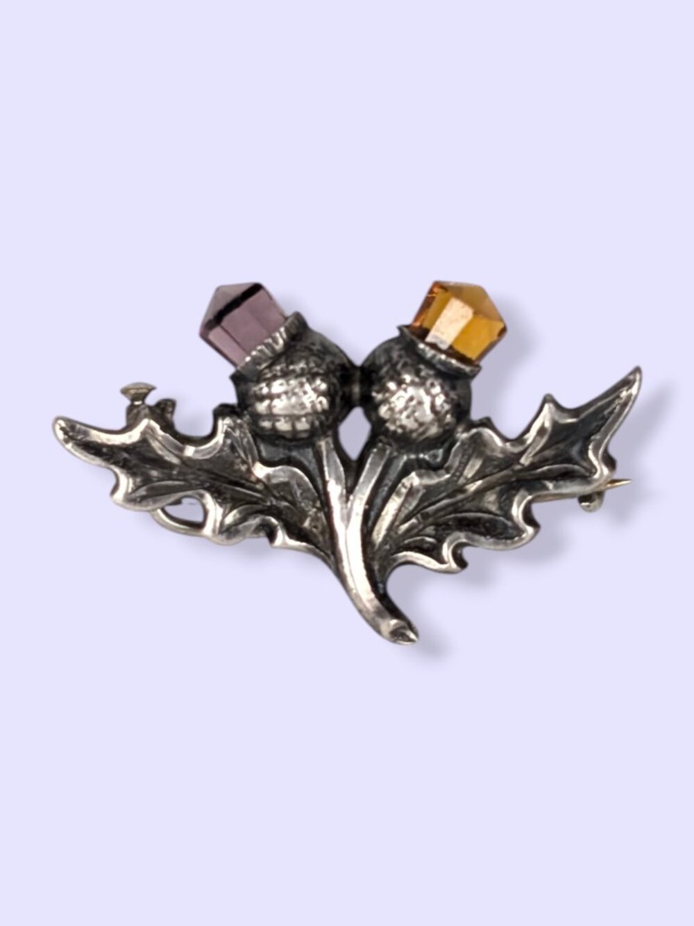 Antique Scottish Genuine Amethyst & Cairngorm Double Thistle Brooch